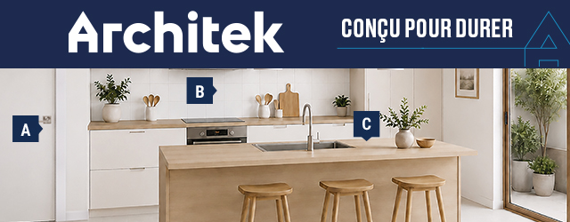 Produits d'Architek - Conçu pour durer : aménagement de cuisine moderne avec îlot et comptoirs en bois.