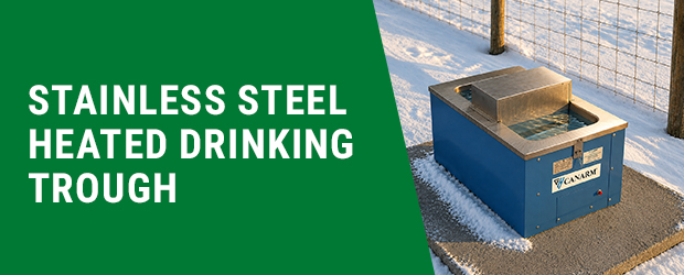 Canarm stainless steel heated drinking trough for livestock outdoors in winter.