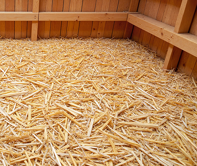 Litière de copeaux de bois dans un poulailler propre pour assurer le confort et l’isolation des poules.