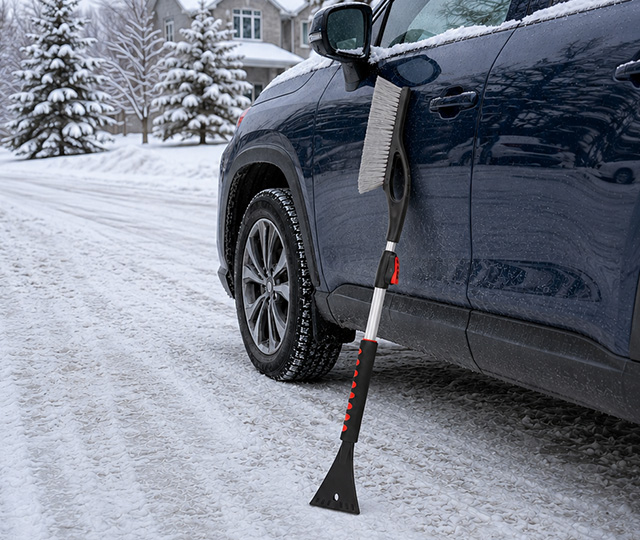 Snow brush with an ice scraper leaning against a parked car outside a house during winter.