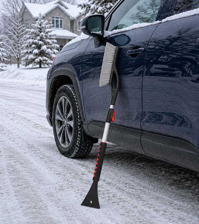 Snow brush with an ice scraper leaning against a parked car outside a house during winter.