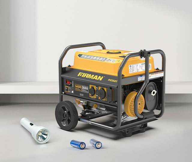 Firman portable generator with a flashlight and batteries, essential equipment for winter power outages.