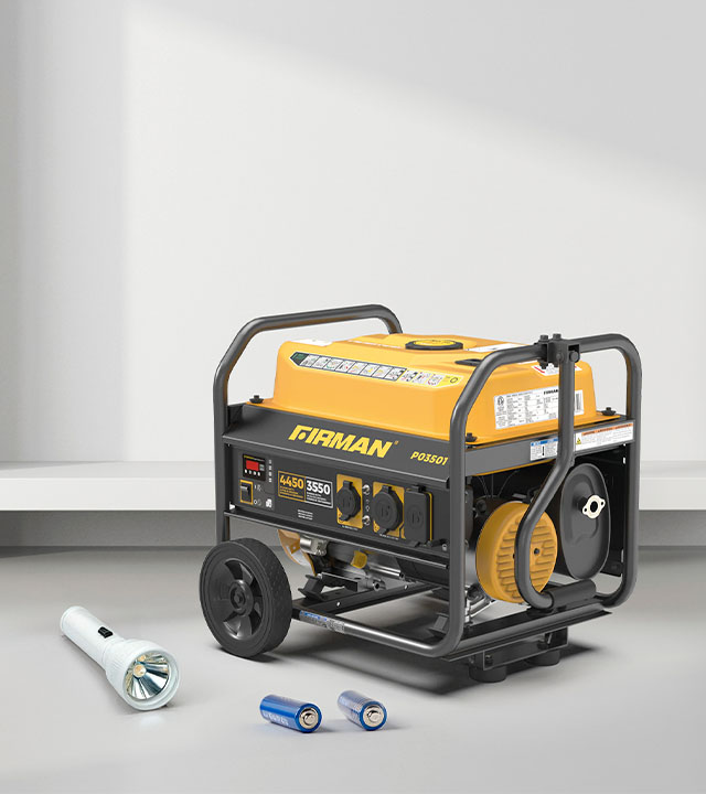 Firman portable generator with a flashlight and batteries, essential equipment for winter power outages.