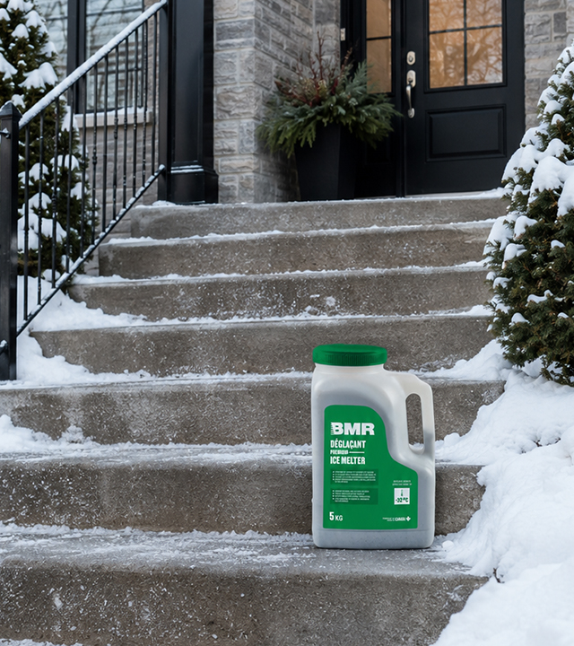 5 kg BMR ice melter container placed in front of snow-covered steps to help prevent icy surfaces.