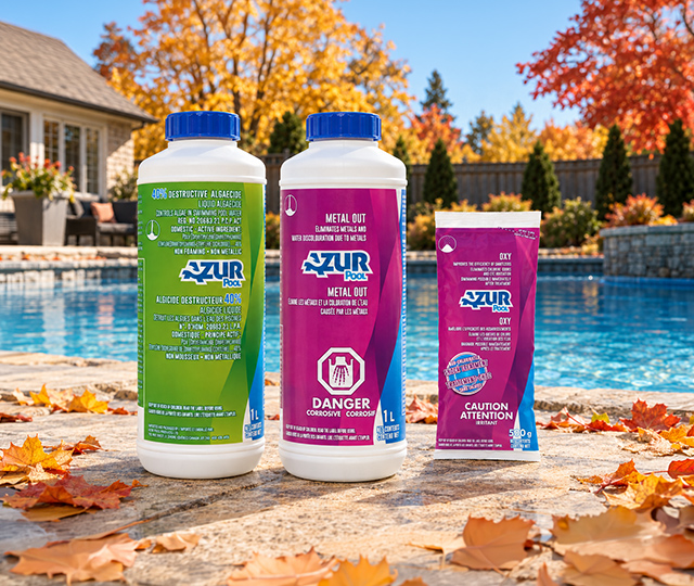 Three Azur Pool products for pool closing: 40% algaecide, metal control, and Oxy shock treatment, displayed by a pool in the fall.