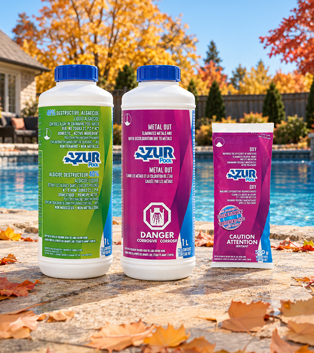 Three Azur Pool products for pool closing: 40% algaecide, metal control, and Oxy shock treatment, displayed by a pool in the fall.