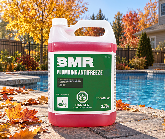 3.78 L container of BMR plumbing antifreeze displayed by a pool in the fall.