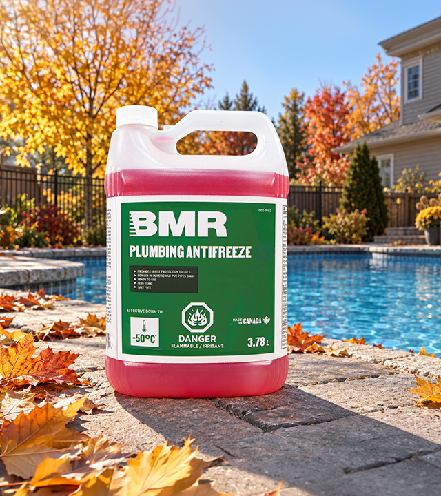3.78 L container of BMR plumbing antifreeze displayed by a pool in the fall.