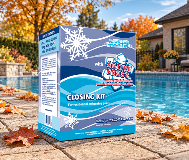 Azur Pool closing kit for residential pools displayed by a pool in the fall, surrounded by colorful autumn leaves.