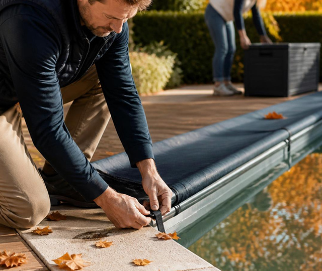 Man installing a winter cover on an in-ground pool in the fall, surrounded by colorful autumn leaves.