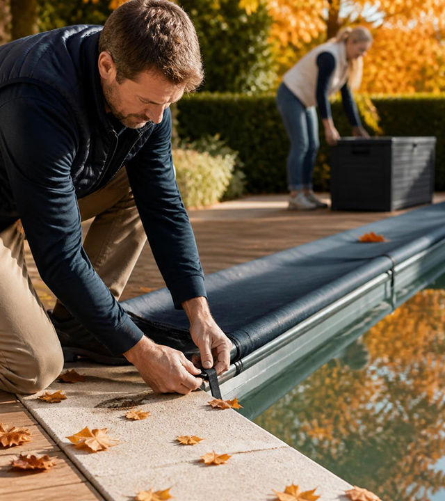 Man installing a winter cover on an in-ground pool in the fall, surrounded by colorful autumn leaves.