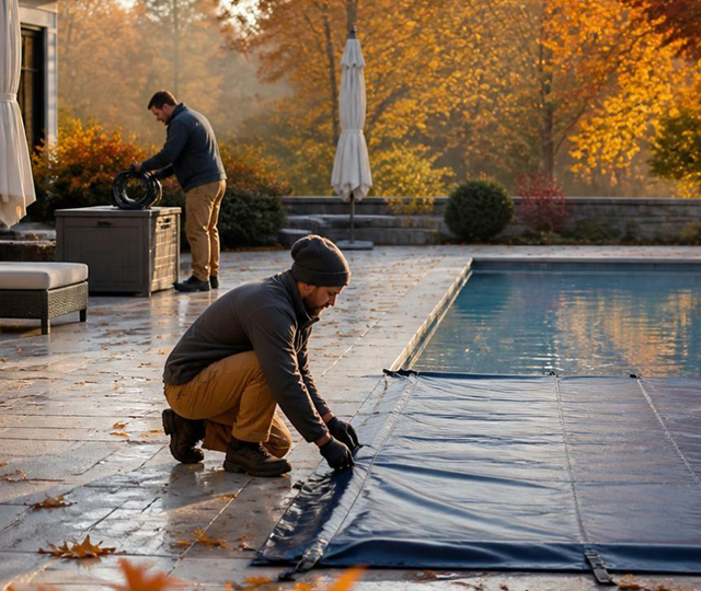 Man installing and securing a winter cover on an in-ground pool surrounded by autumn leaves.