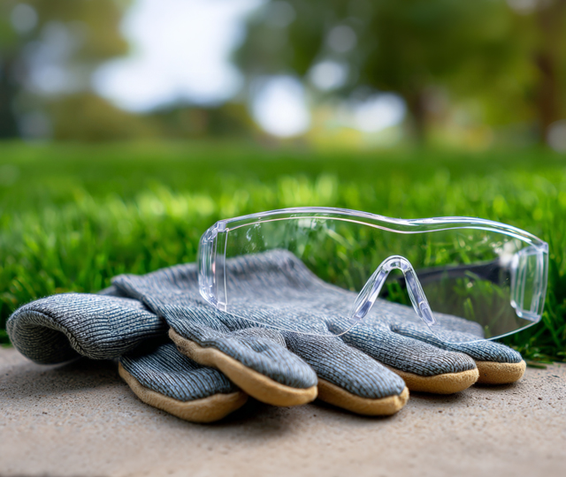 Lunettes de sécurité transparentes et gants de travail déposés sur une surface près d'une pelouse. Le visuel illustre l'équipement de protection recommandé avant l'entretien du gazon ou l'utilisation d'une tondeuse.