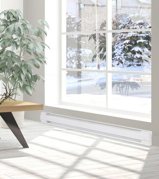 Electric baseboard heater under the window of a bright room.