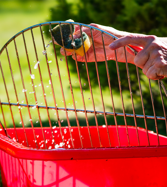 Nettoyage d&rsquo;une grille de barbecue avec une &eacute;ponge au-dessus d&rsquo;un bac d&rsquo;eau rouge &agrave; l&rsquo;ext&eacute;rieur.