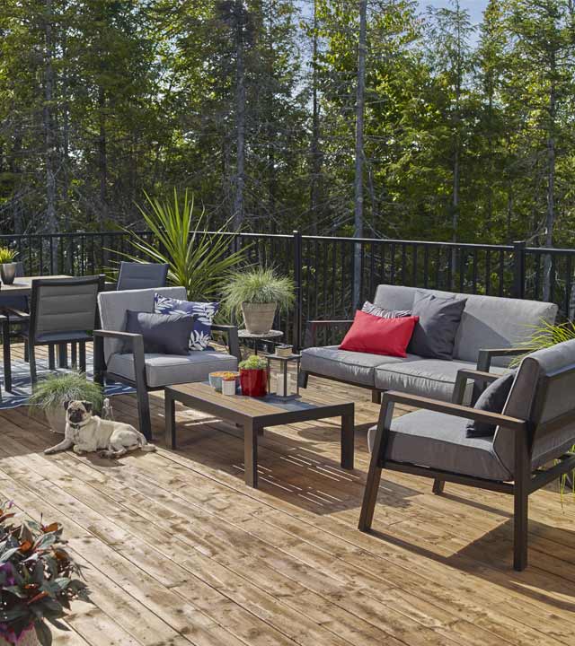 Wooden deck with patio furniture