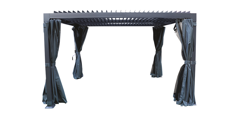 Sun shelter with black curtains on a white background.