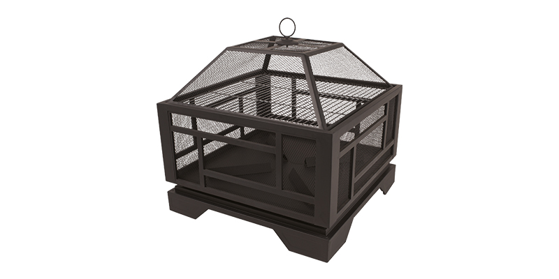 Square wood fire pit on white background.