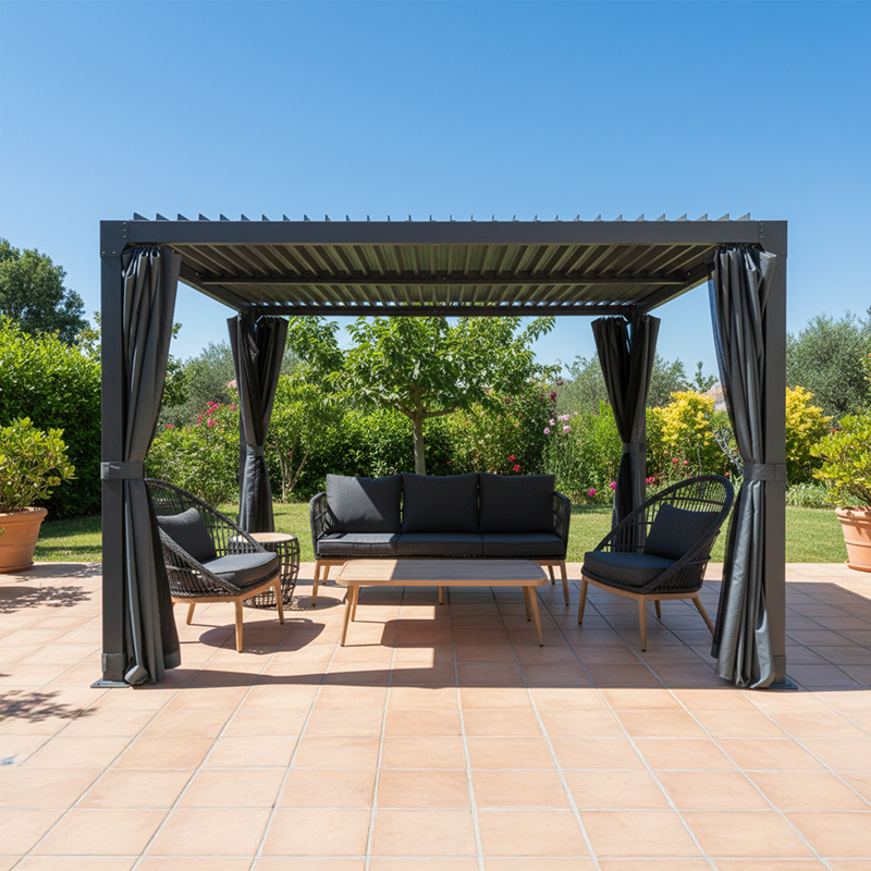 Patio furniture set set up under a sun shelter with curtains, featuring a sofa, two armchairs, and a coffee table, arranged on a terrace surrounded by greenery.