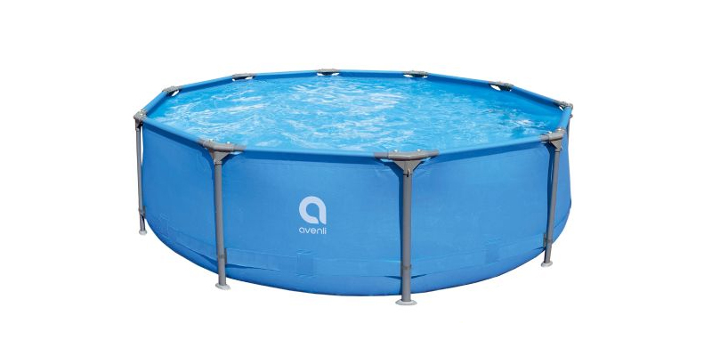 Round above-ground pool with steel frame and blue liner, Avenli model.