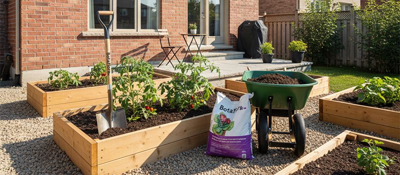 Raised wooden garden beds with vegetable plants, Botaflora soil bag, shovel, and wheelbarrow in a residential backyard.