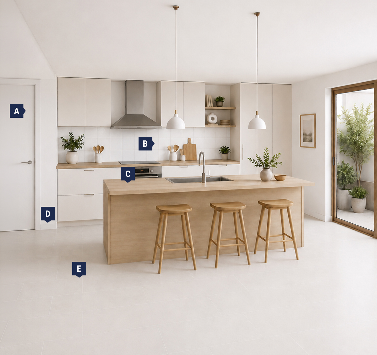 Cuisine moderne Architek avec armoires blanches, &icirc;lot central en bois, luminaires suspendus et rep&egrave;res pour les &eacute;l&eacute;ments de finition int&eacute;rieure.