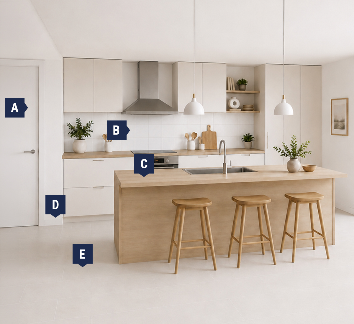 Cuisine moderne Architek avec armoires blanches, &icirc;lot central en bois, luminaires suspendus et rep&egrave;res pour les &eacute;l&eacute;ments de finition int&eacute;rieure.