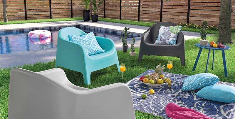 Outdoor furniture, blue, black and gray chairs