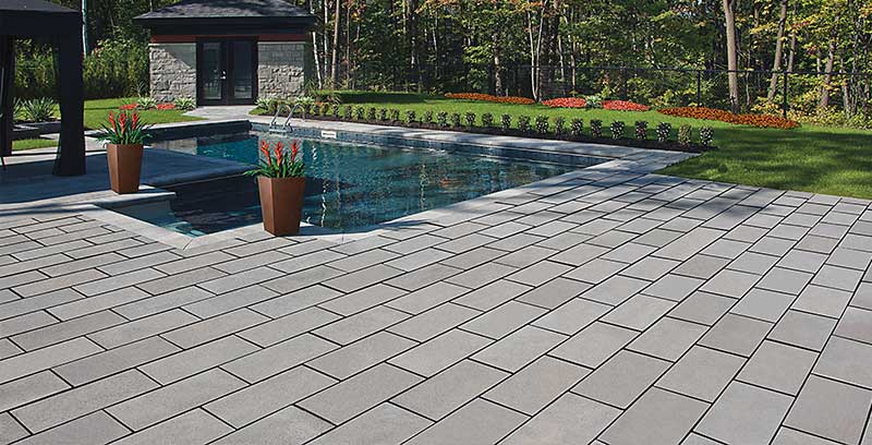 Landscaping, pool and gray pavers