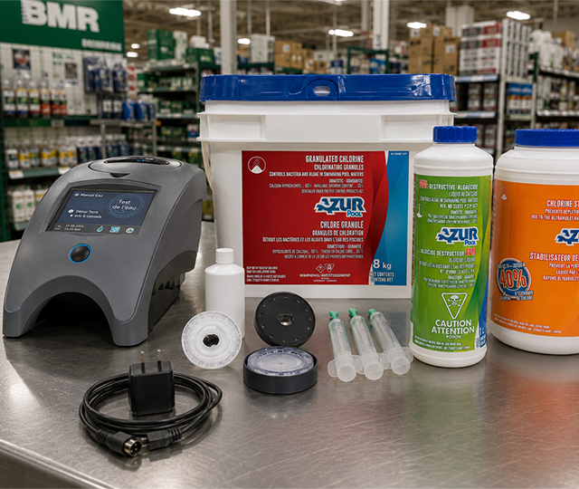 Analyseur d'eau de piscine et produits d'entretien pour piscine, incluant du chlore granulé et un algicide, exposés sur un comptoir dans un magasin BMR.