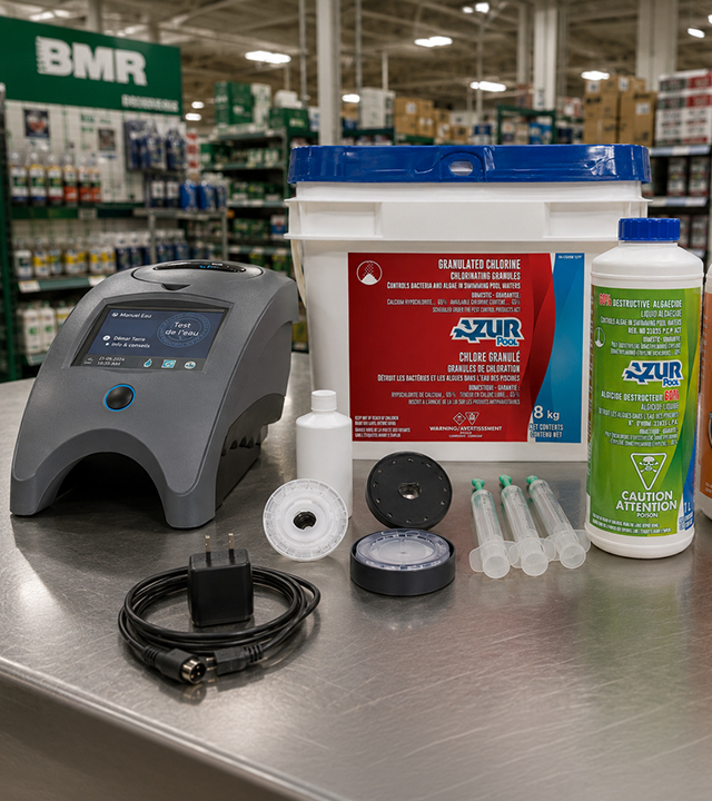 Analyseur d'eau de piscine et produits d'entretien pour piscine, incluant du chlore granulé et un algicide, exposés sur un comptoir dans un magasin BMR.