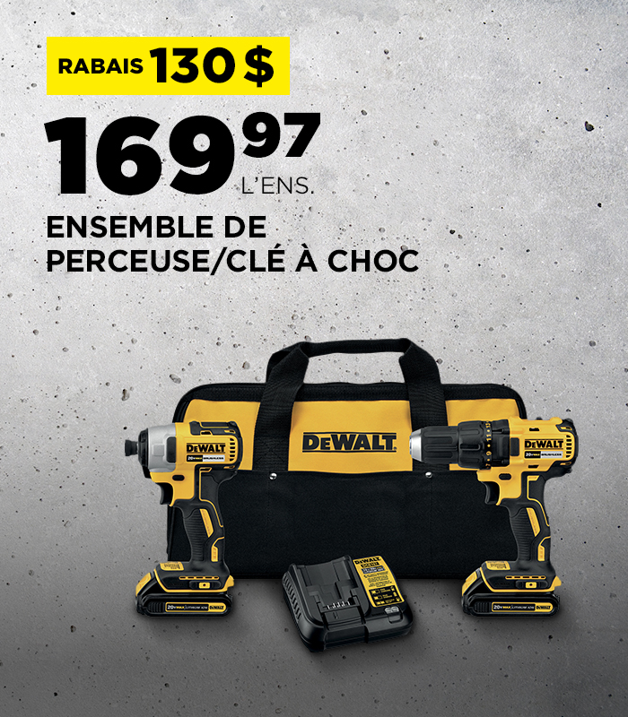 Rabais du Vendredi Fou 2024 chez BMR - Rabais de 130$ sur l'ensemble perceuse-visseuse et visseuse à chocs de Dewalt.