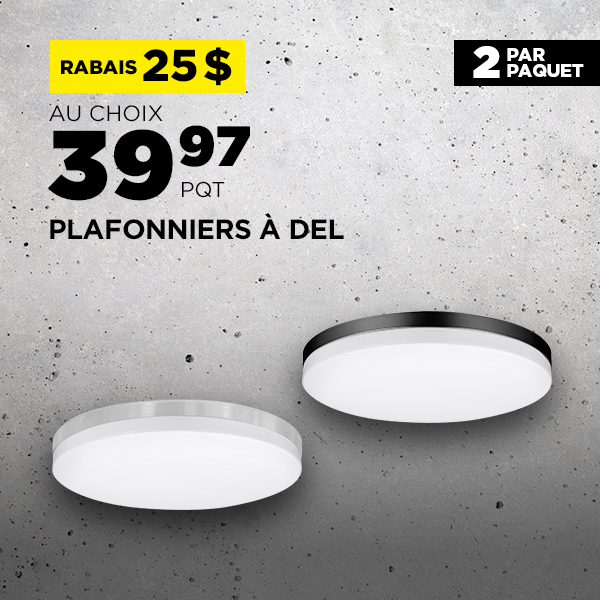 Rabais du Vendredi Fou 2024 chez BMR - 25$ de rabais sur le plafonnier à DEL Valerio de 11 pouces argent brossé ou noir, en paquet de 2.