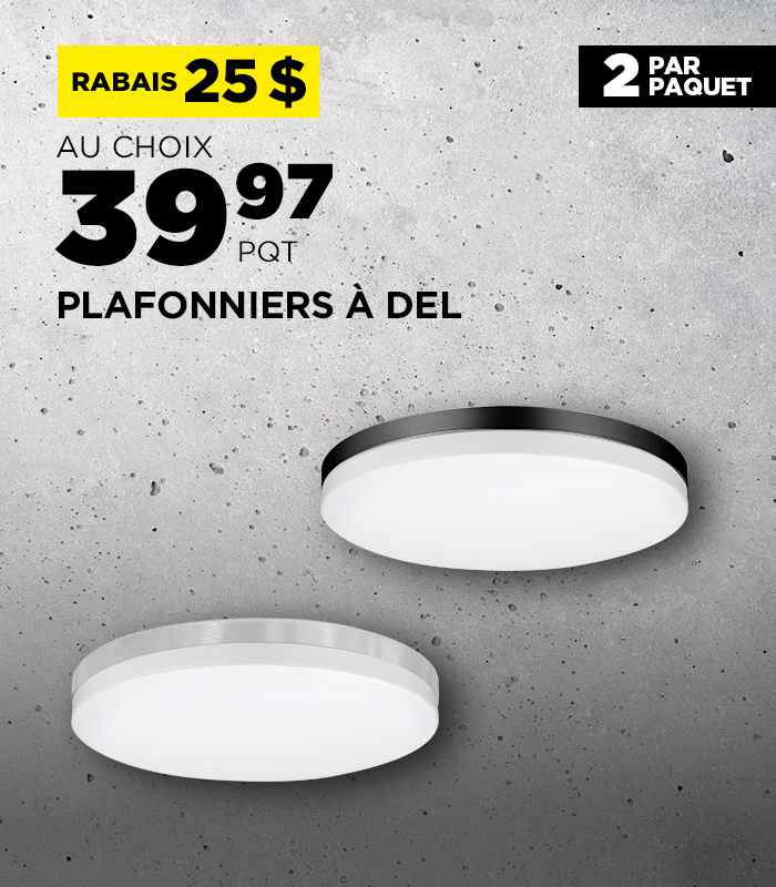 Rabais du Vendredi Fou 2024 chez BMR - 25$ de rabais sur le plafonnier à DEL Valerio de 11 pouces argent brossé ou noir, en paquet de 2.