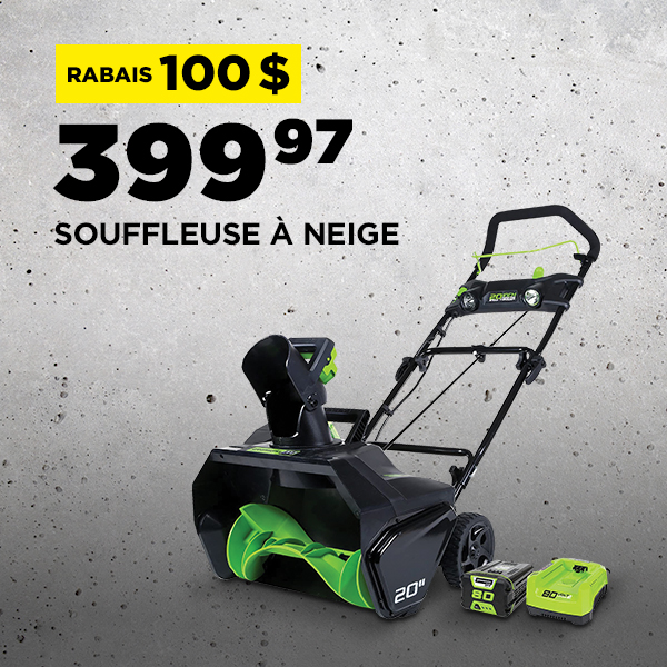 Rabais du Vendredi Fou 2024 chez BMR - Rabais de 100$ sur la souffleuse à neige électrique Greenworks de 20 pouces.
