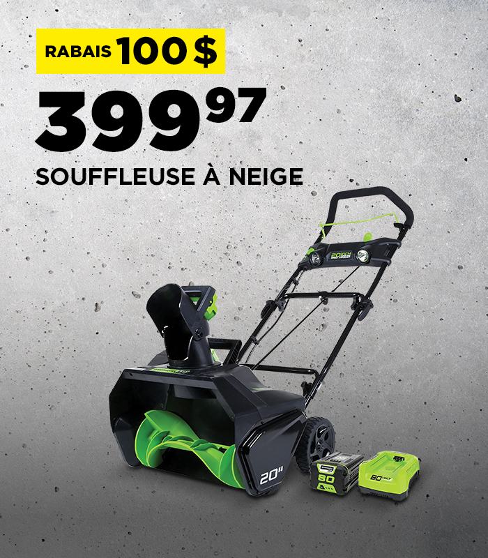 Rabais du Vendredi Fou 2024 chez BMR - Rabais de 100$ sur la souffleuse à neige électrique Greenworks de 20 pouces.