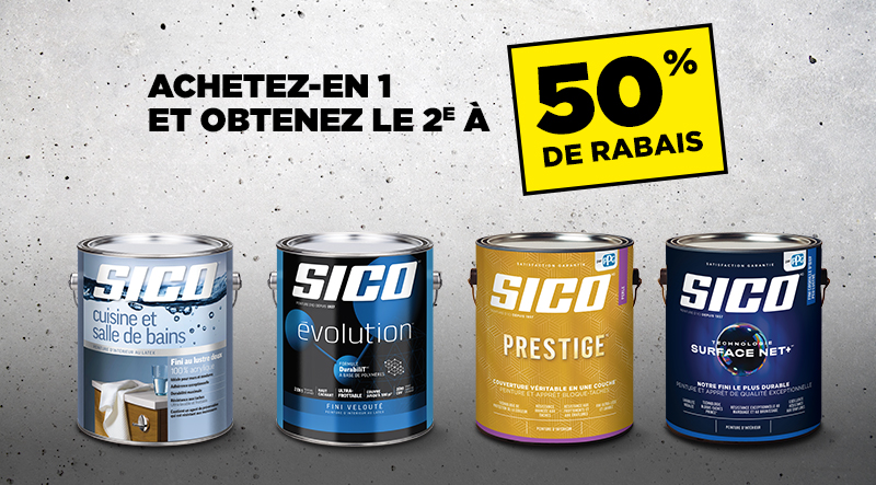 Rabais du Vendredi Fou chez BMR - Achetez un contenant 3,78 L de peinture Sico sélectionnée et obtenez le 2e à 50% de rabais.