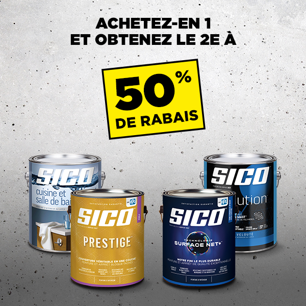 Rabais du Vendredi Fou chez BMR - Achetez un contenant 3,78 L de peinture Sico sélectionnée et obtenez le 2e à 50% de rabais.