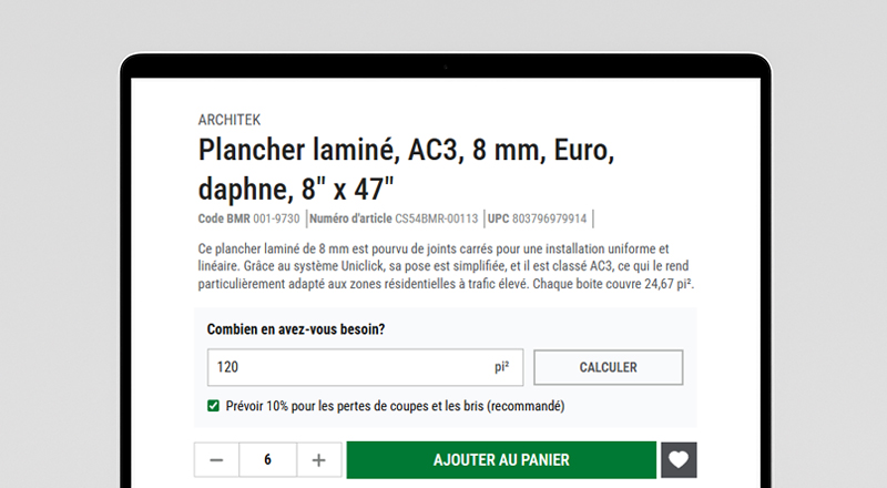 Capture d'&eacute;cran d'une page de produit sur le site web de bmr.ca montrant le d&eacute;tail d'un produit ainsi qu'un calculateur de surface.