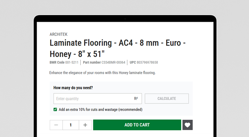 Screenshot of a product page on the bmr.ca website showing product details along with a surface calculator.