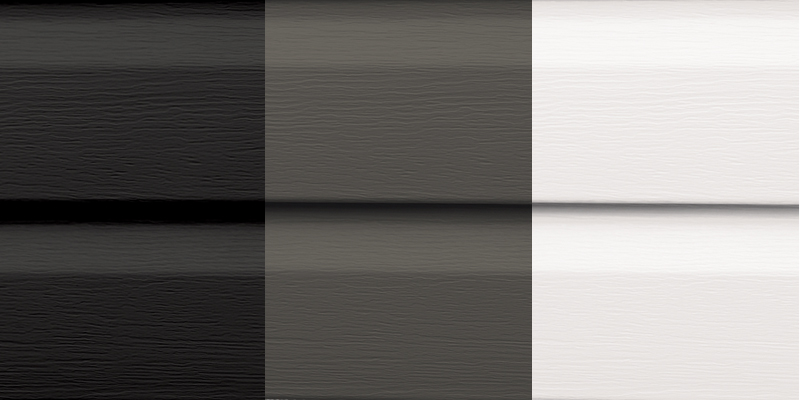 Gros plan sur trois couleurs de rev&ecirc;tements de vinyle ext&eacute;rieurs: noir, ardoise, blanc