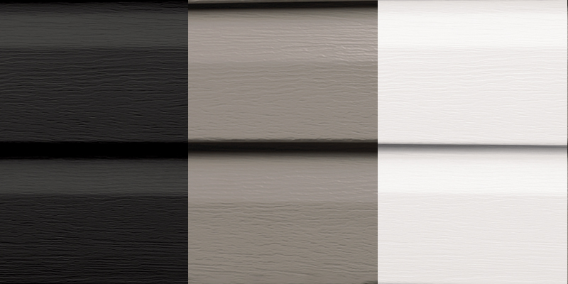 Gros plan sur trois couleurs de rev&ecirc;tements de vinyle ext&eacute;rieurs: noir, ardoise, blanc