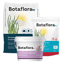 Bag of lawn fertilizer, grass seed, and a Botaflora flower bed fertilizer container on a white background.