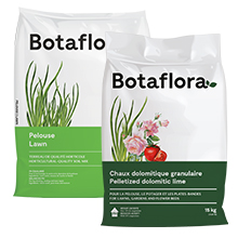 Bag of granular dolomitic lime and bag of lawn fertilizer side by side on a white background.