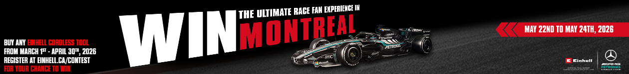 Einhell promotional banner announcing a contest to win a trip to the 2026 Montreal Grand Prix.