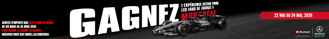 Bannière promotionnelle Einhell annonçant un concours pour gagner un voyage au Grand Prix de Montréal 2026.