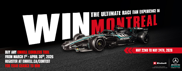 Einhell promotional banner announcing a contest to win a trip to the 2026 Montreal Grand Prix.