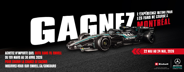 Bannière promotionnelle Einhell annonçant un concours pour gagner un voyage au Grand Prix de Montréal 2026.
