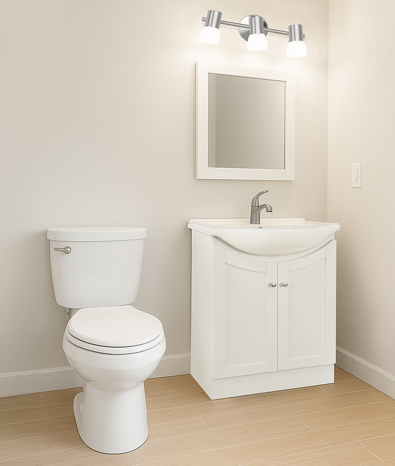 Vue d'une salle de bain simple et épurée aux murs de couleur pâle avec toilette, meuble-lavabo et miroir blancs de marque Fixel.