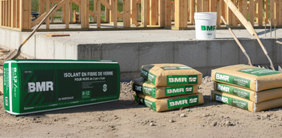 BMR products on a residential construction site, including fiberglass insulation and stacked concrete mix bags in front of a wood frame structure under construction.